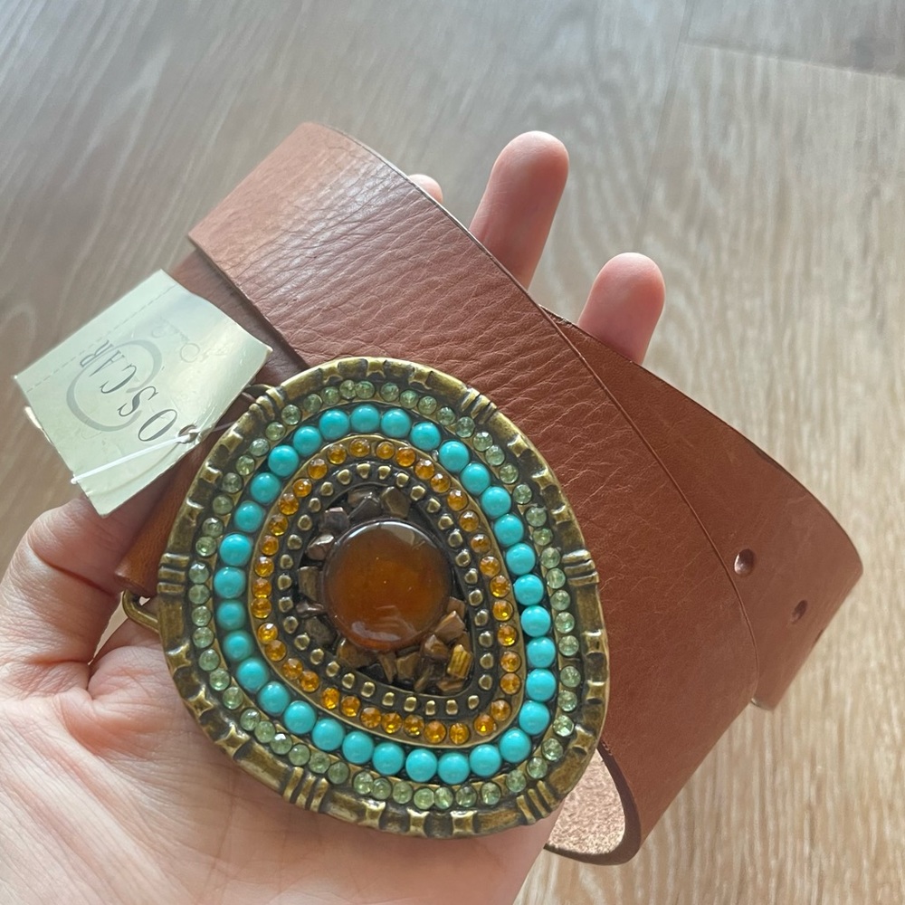 Oscar de la Renta Boho Beaded Leather Buckle Belt